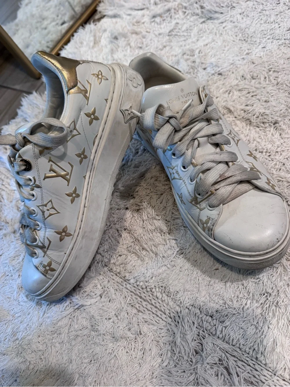 Louis Vuitton White Sneakers with Gold Monogram Accents